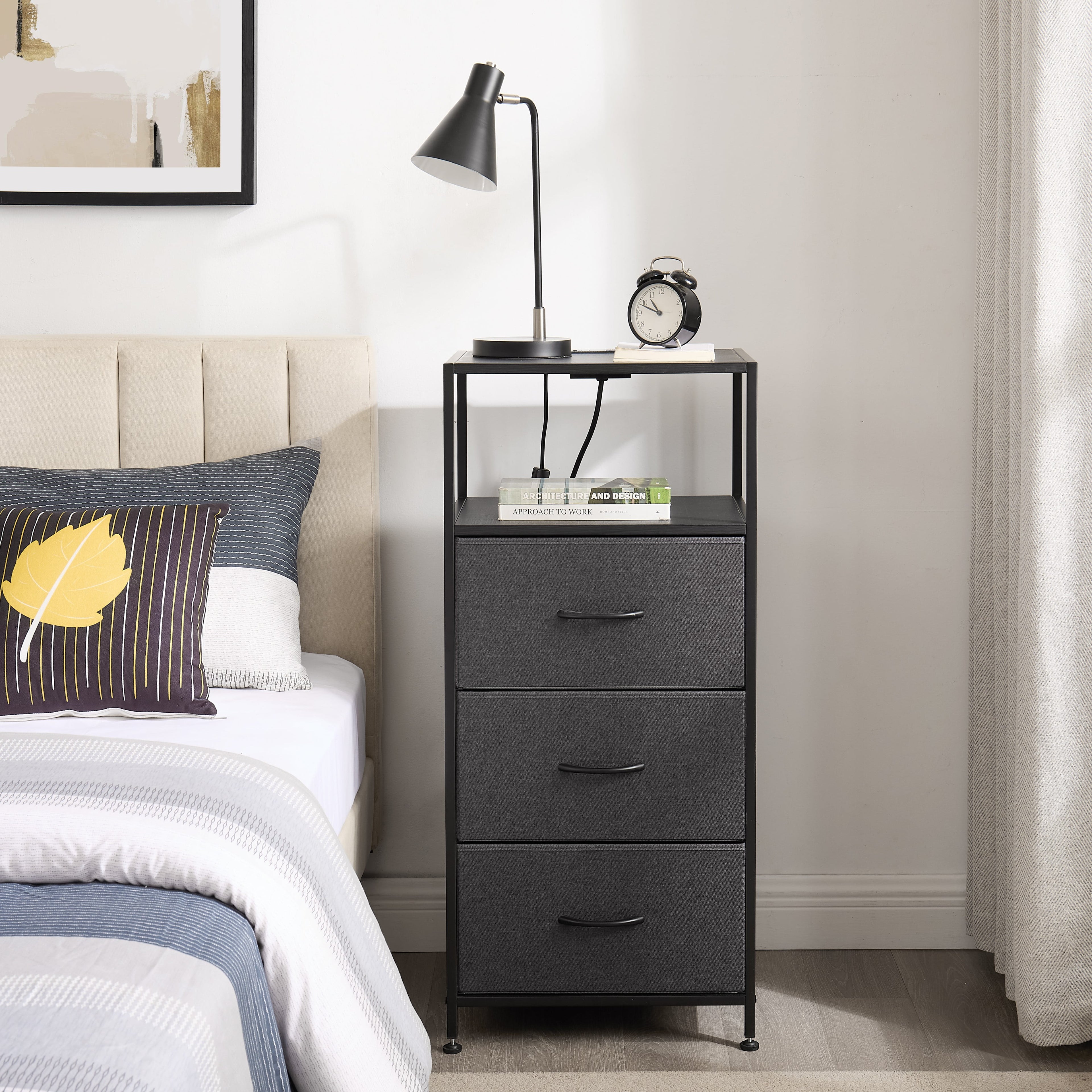 3 Drawer Fabric Nightstand with USB, - Dorm Room Essentials