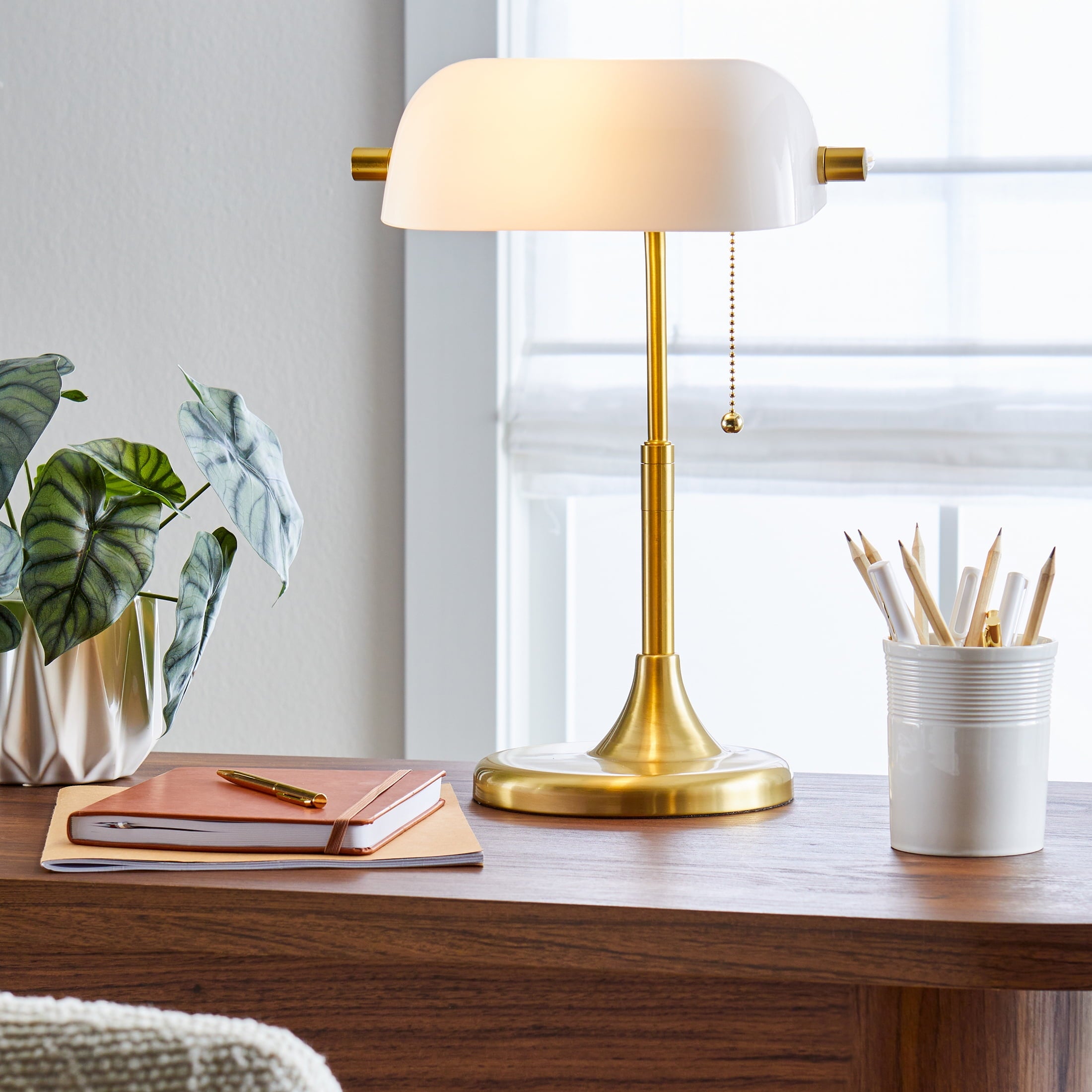 19" Gold/White Modern Glass Banker Desk - Modern Table Lamp