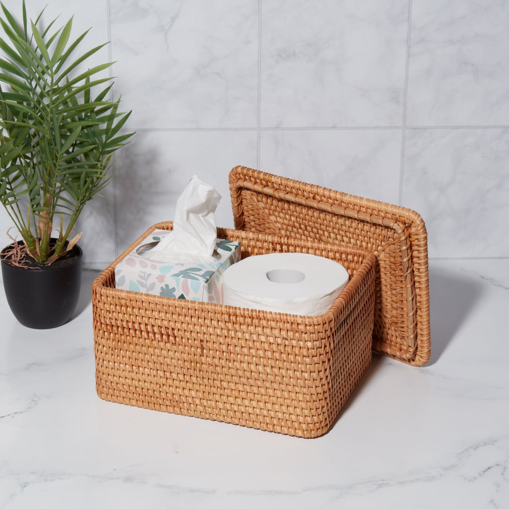 Brown Rattan Organizer Basket with Lid - Dorm Room Essentials