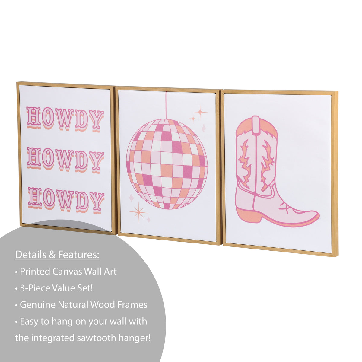 3 Pc Set Pink Western Theme Wall Art, - Dorm Room Essentials