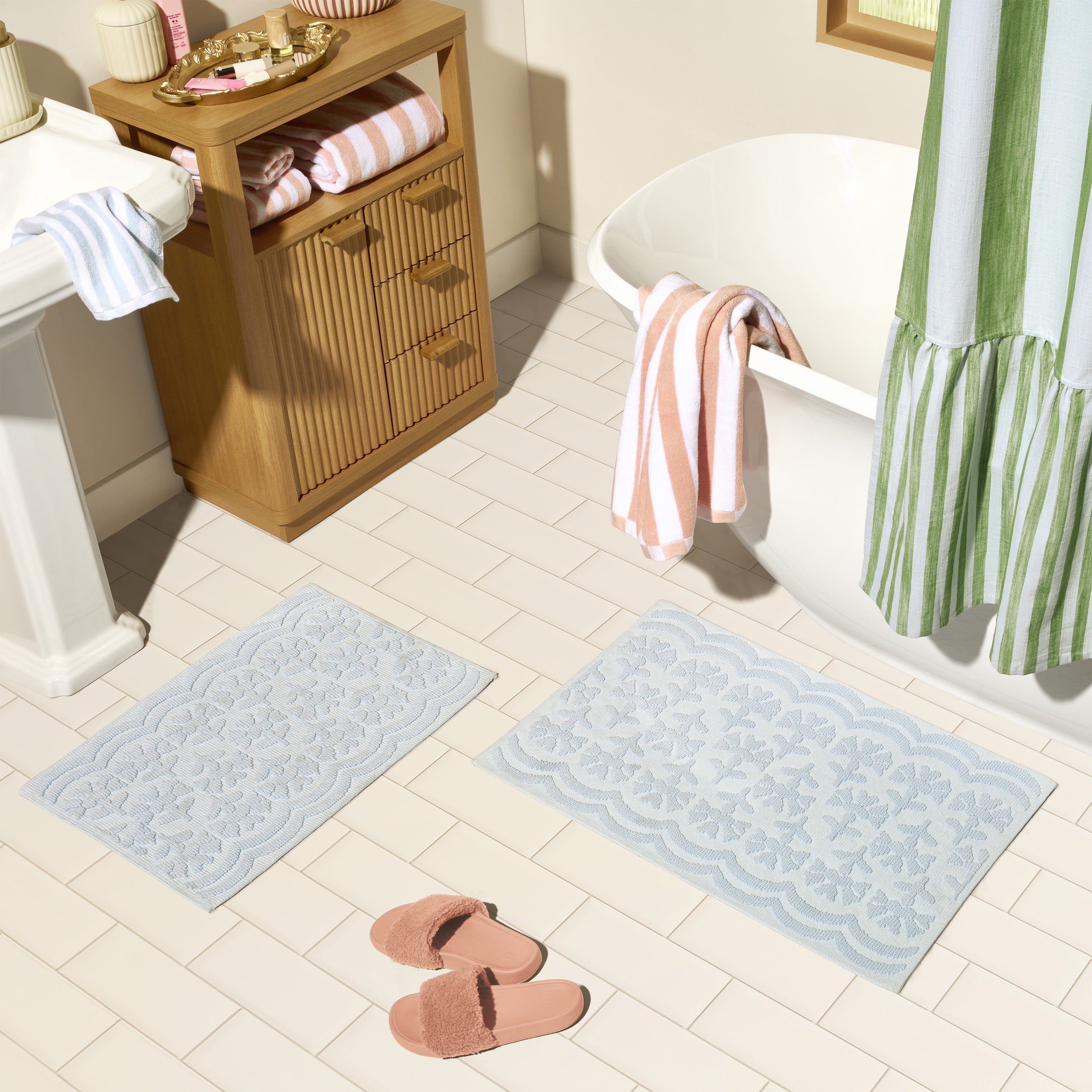 Floral Block Scallop 2 Piece Bath Rug - Washable Area Rug