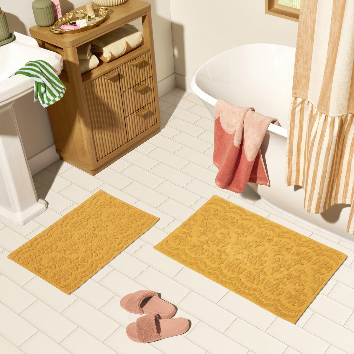 Floral Block Scallop 2 Piece Bath Rug - Washable Area Rug