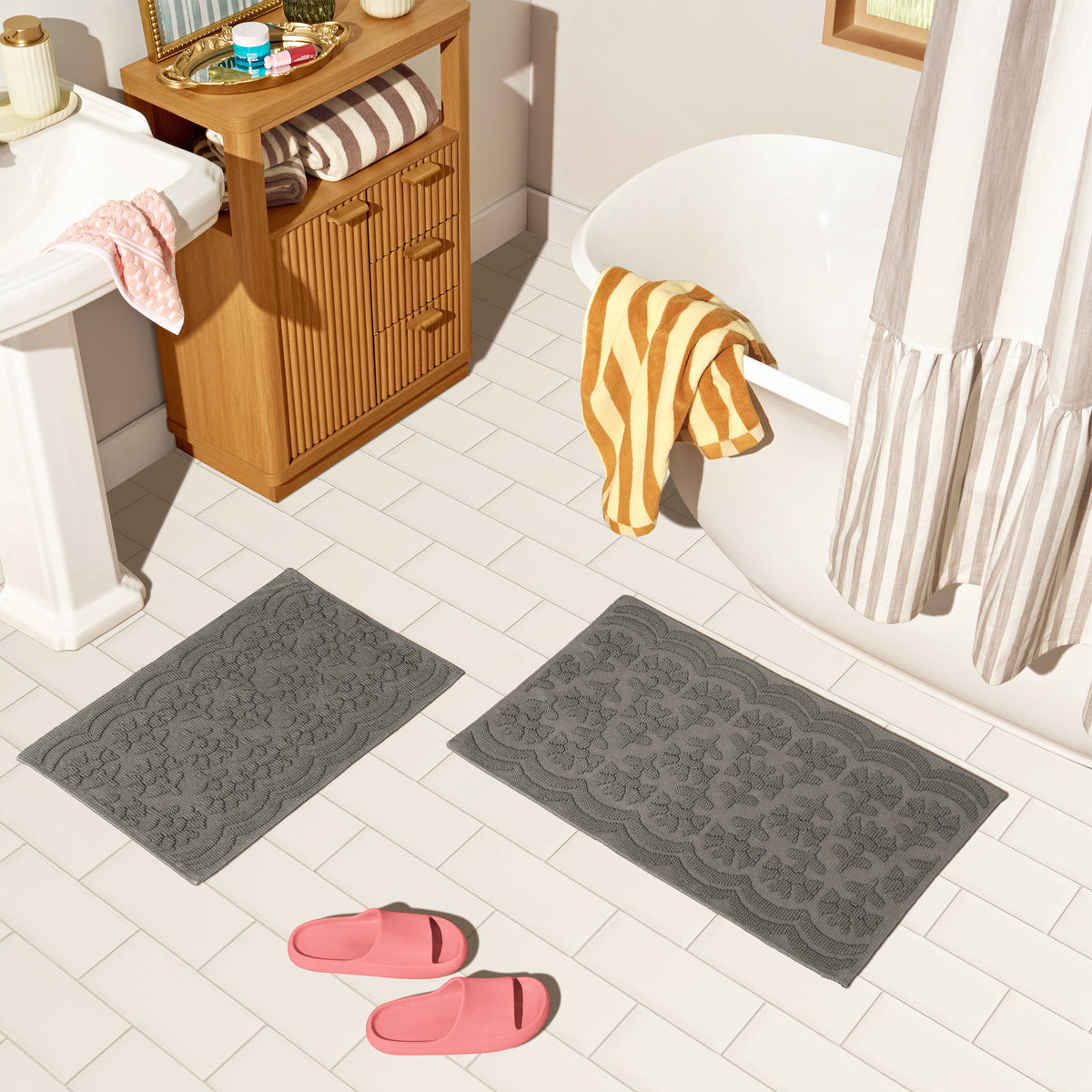 Floral Block Scallop 2 Piece Bath Rug - Washable Area Rug