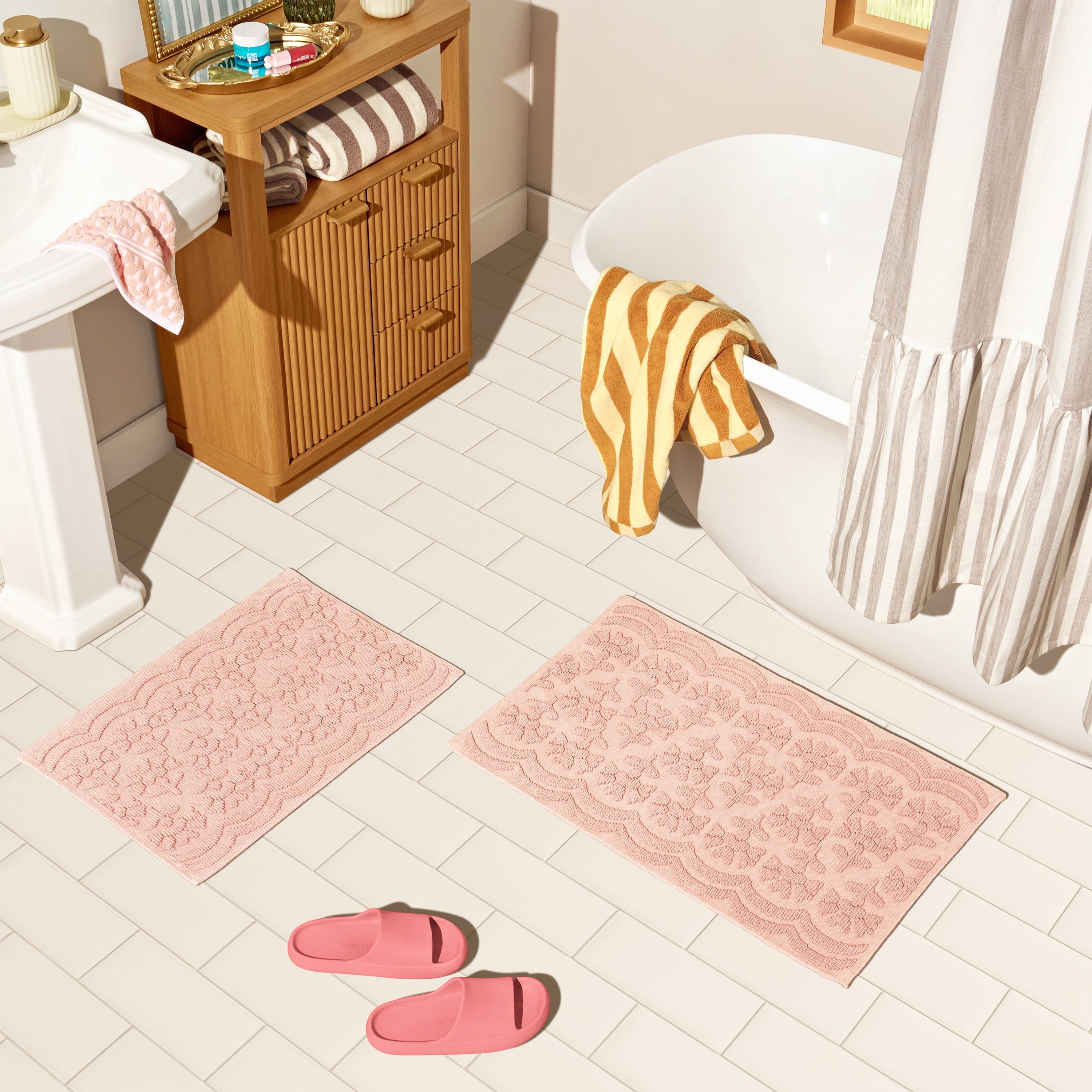 Floral Block Scallop 2 Piece Bath Rug - Washable Area Rug
