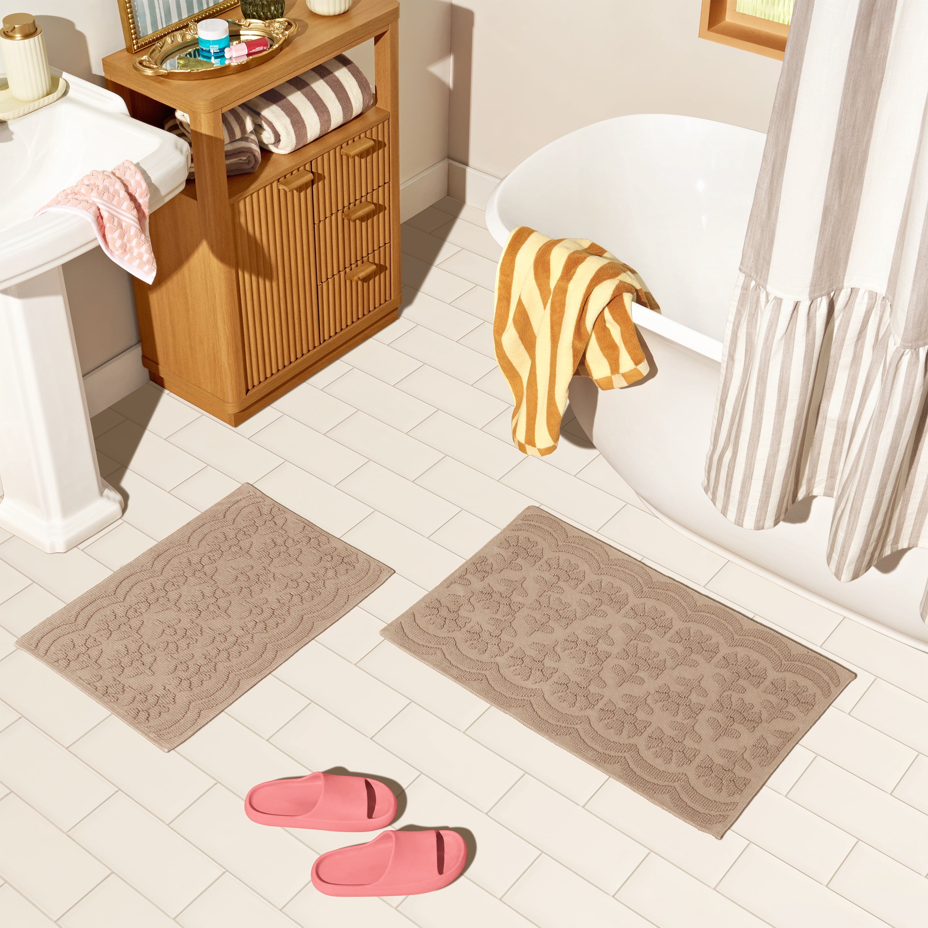 Floral Block Scallop 2 Piece Bath Rug - Washable Area Rug