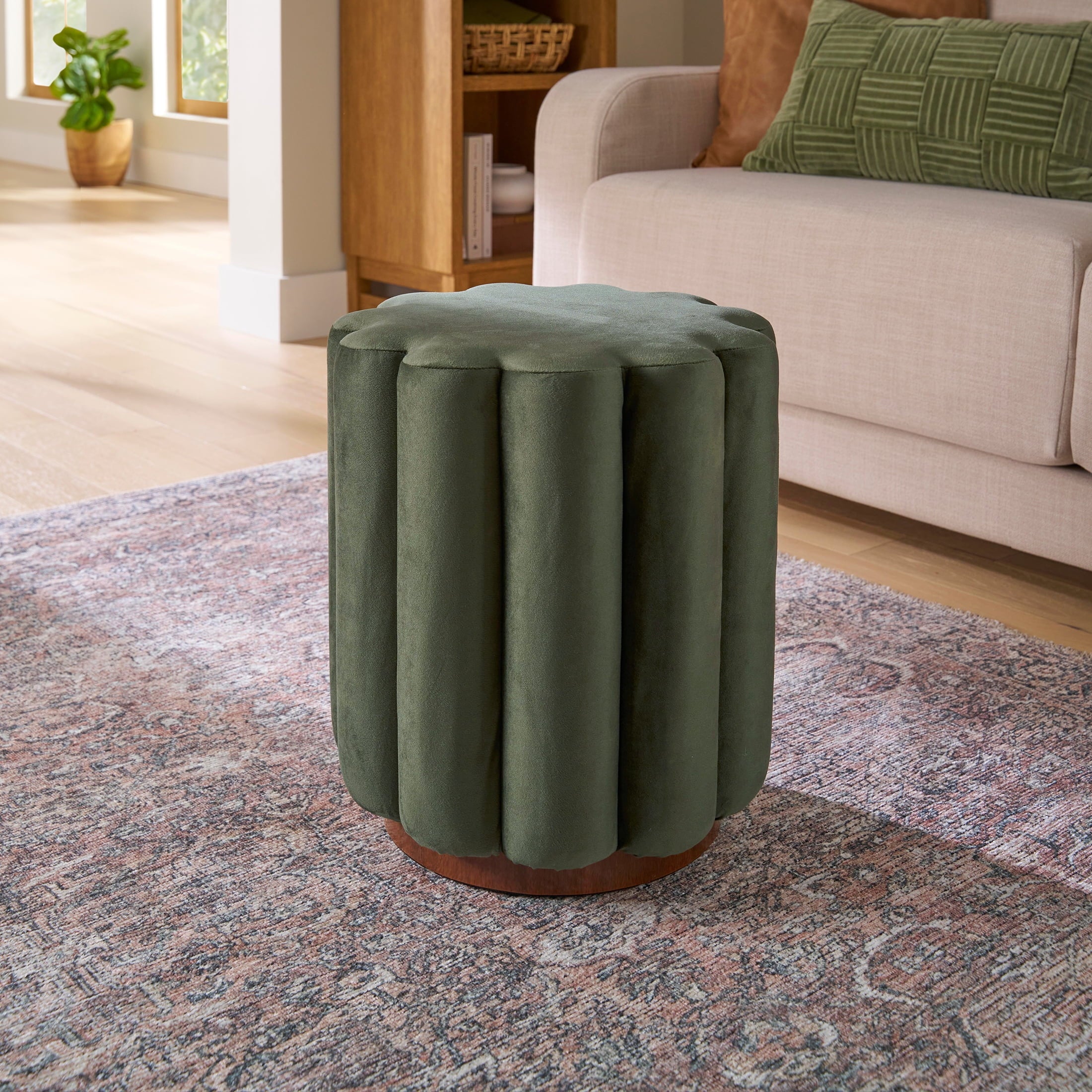 Lillian Velvet Tufted Ottoman, Beige - Dorm Room Essentials
