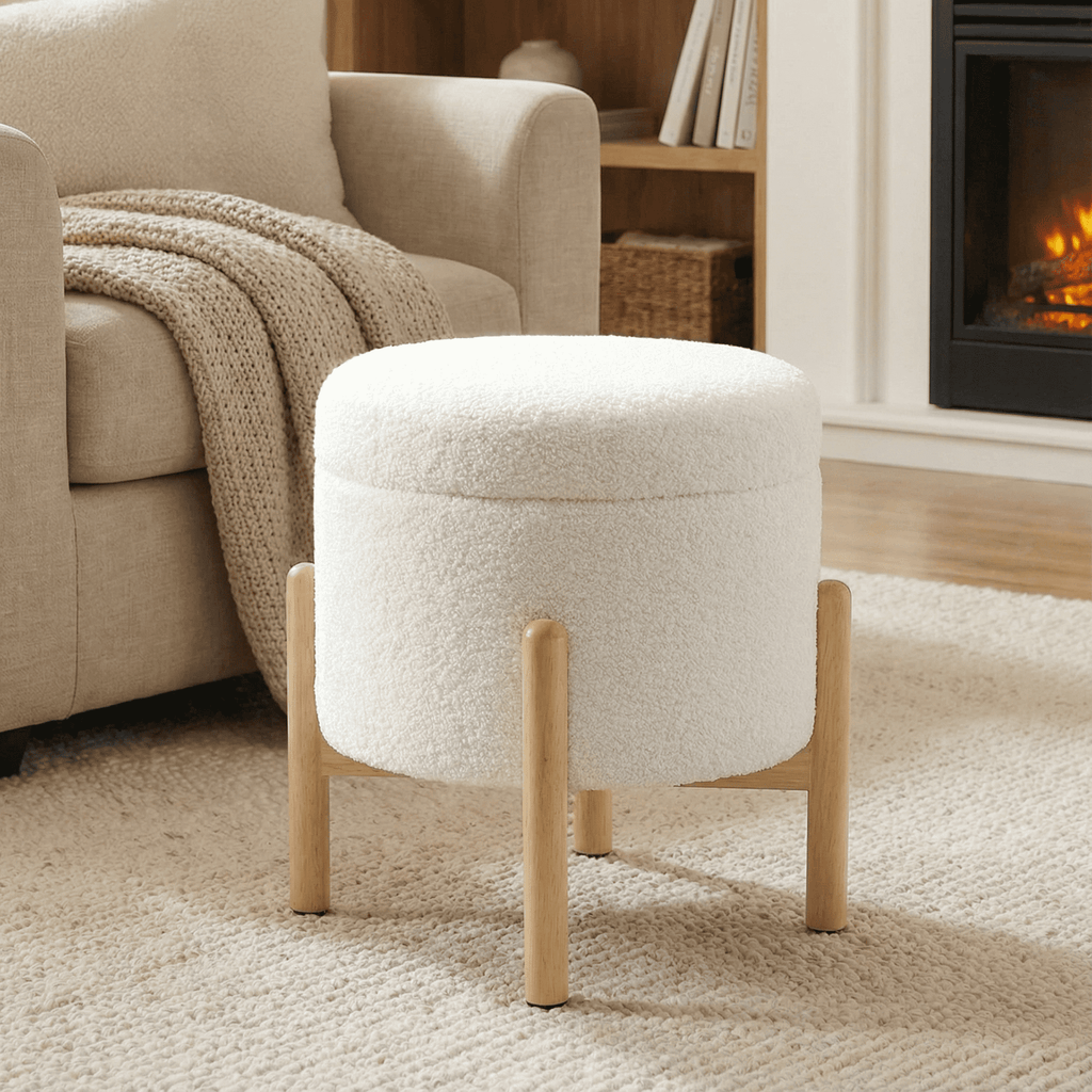 Modern Dowel Ottoman, Cream Boucle - Dorm Room Essentials