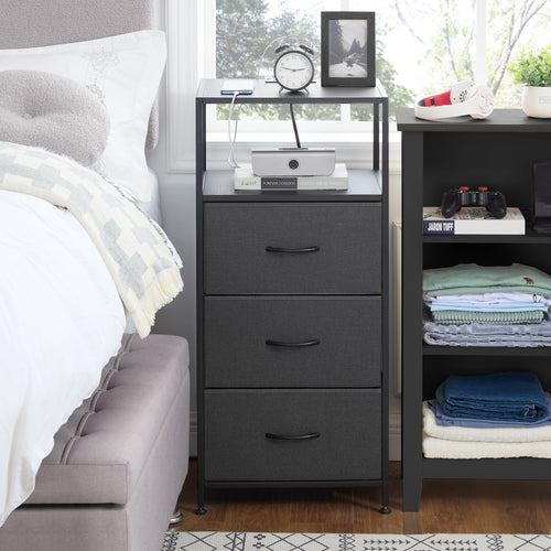 3 Drawer Fabric Nightstand with USB, - Dorm Room Essentials