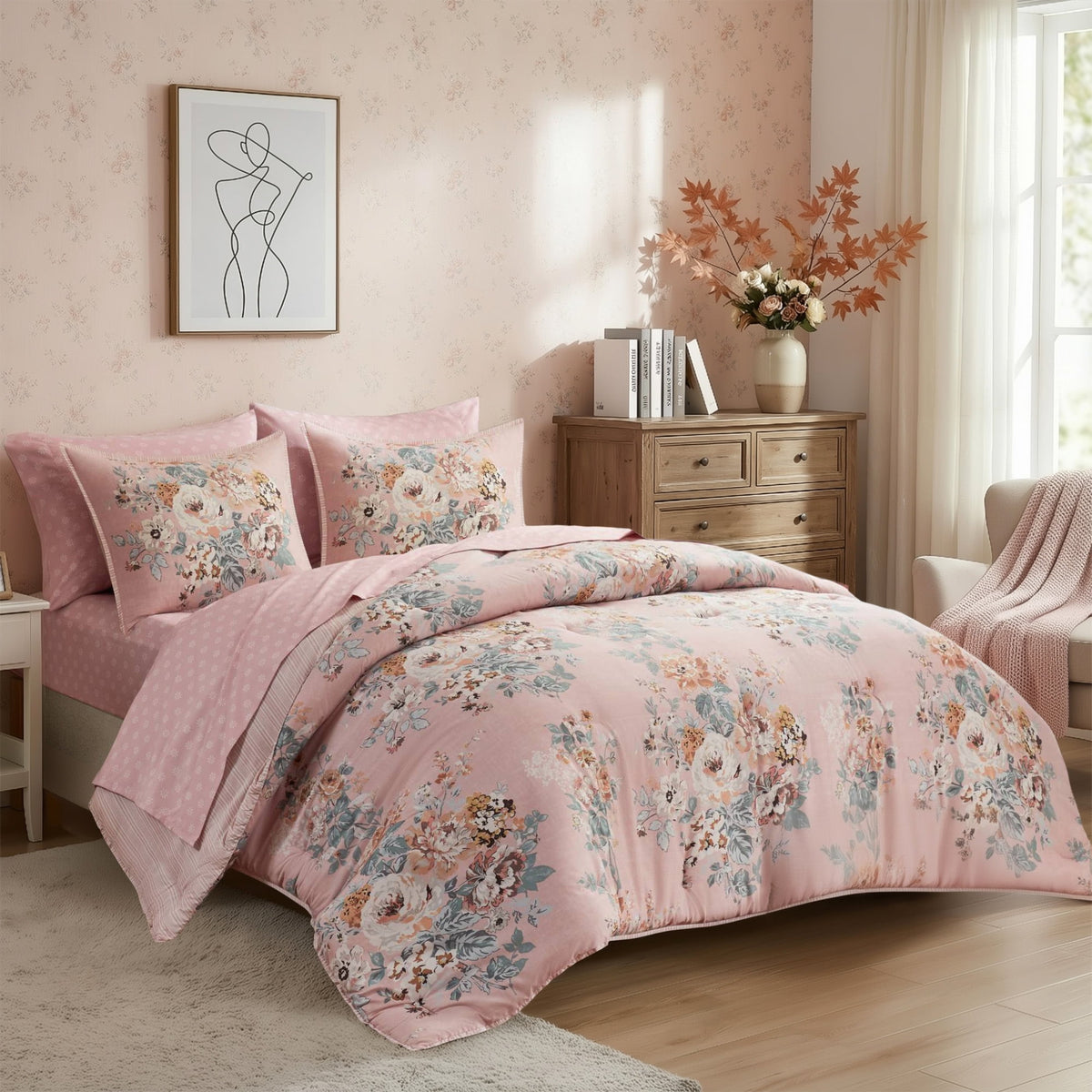 Queen Size Comforter Sets, Pink Vintage - Comforter Set