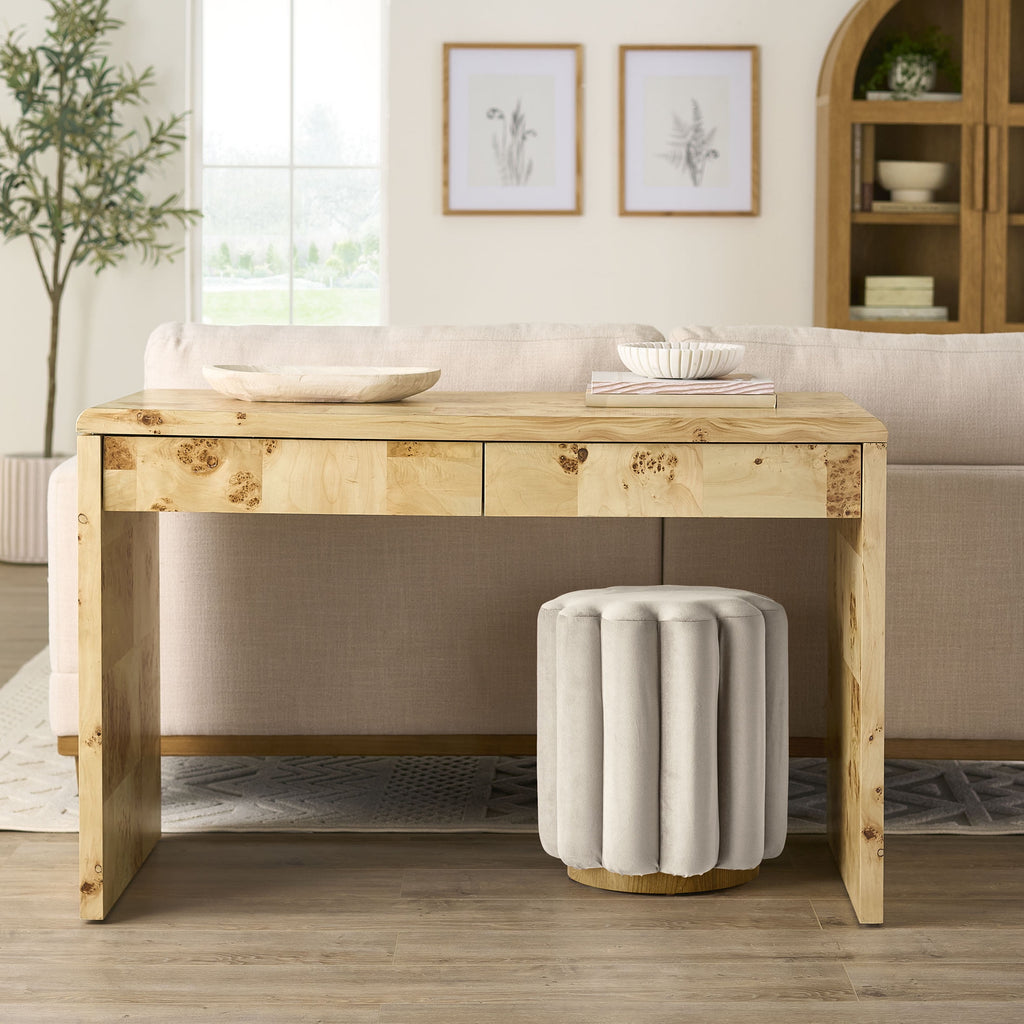 Lillian Velvet Tufted Ottoman, Beige - Dorm Room Essentials