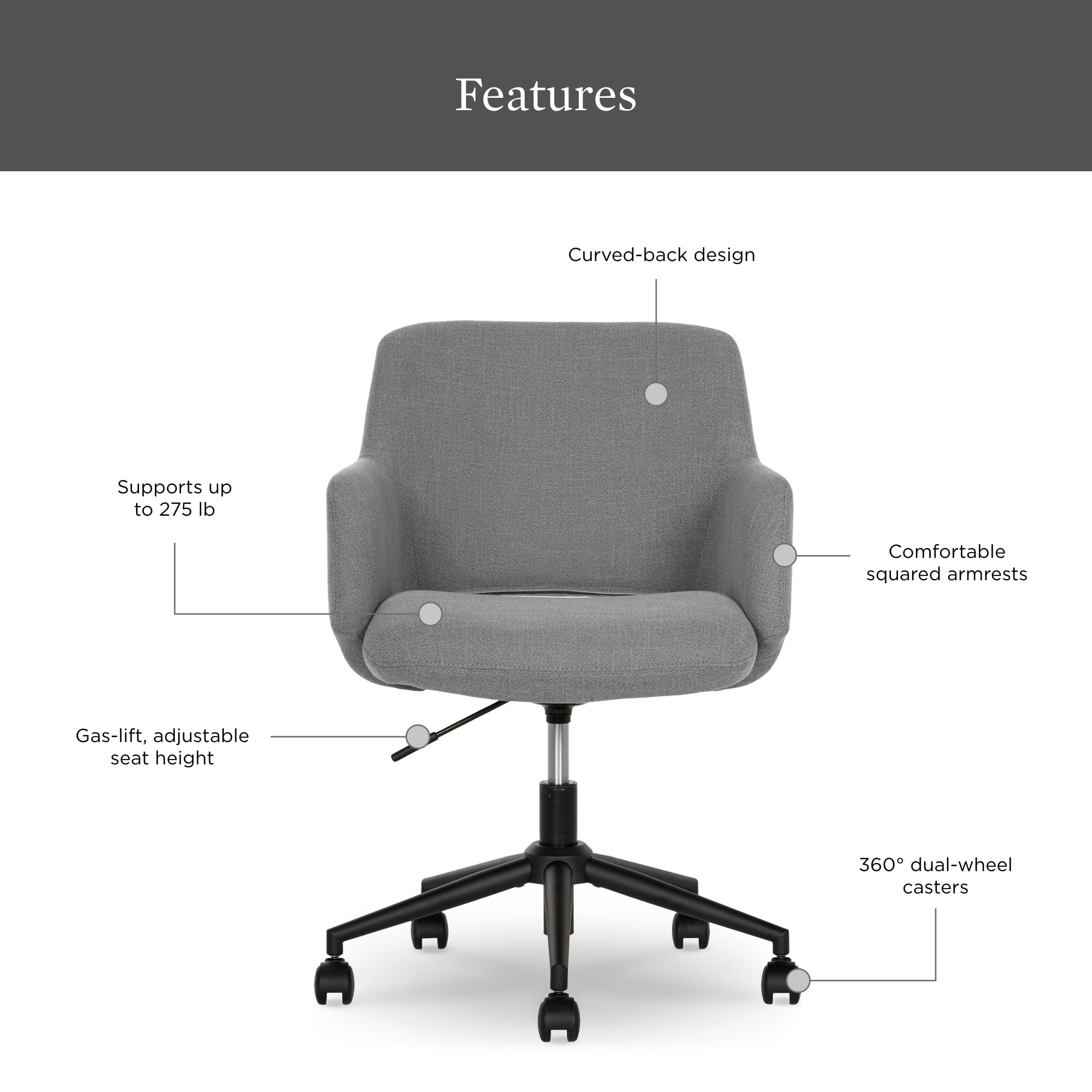 Lillian Office Chair, Gray - Dorm Room Essentials