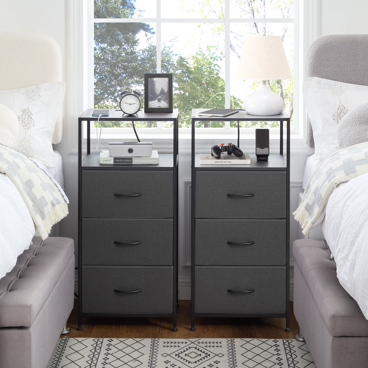 3 Drawer Fabric Nightstand with USB, - Dorm Room Essentials