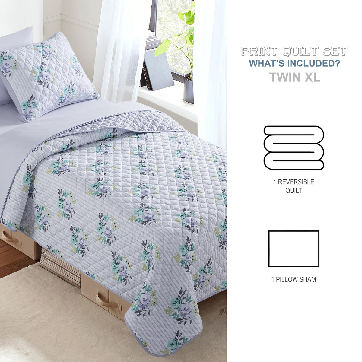 2-Piece Reversible Quilt Set, Flora, - Microfiber Quilt Set